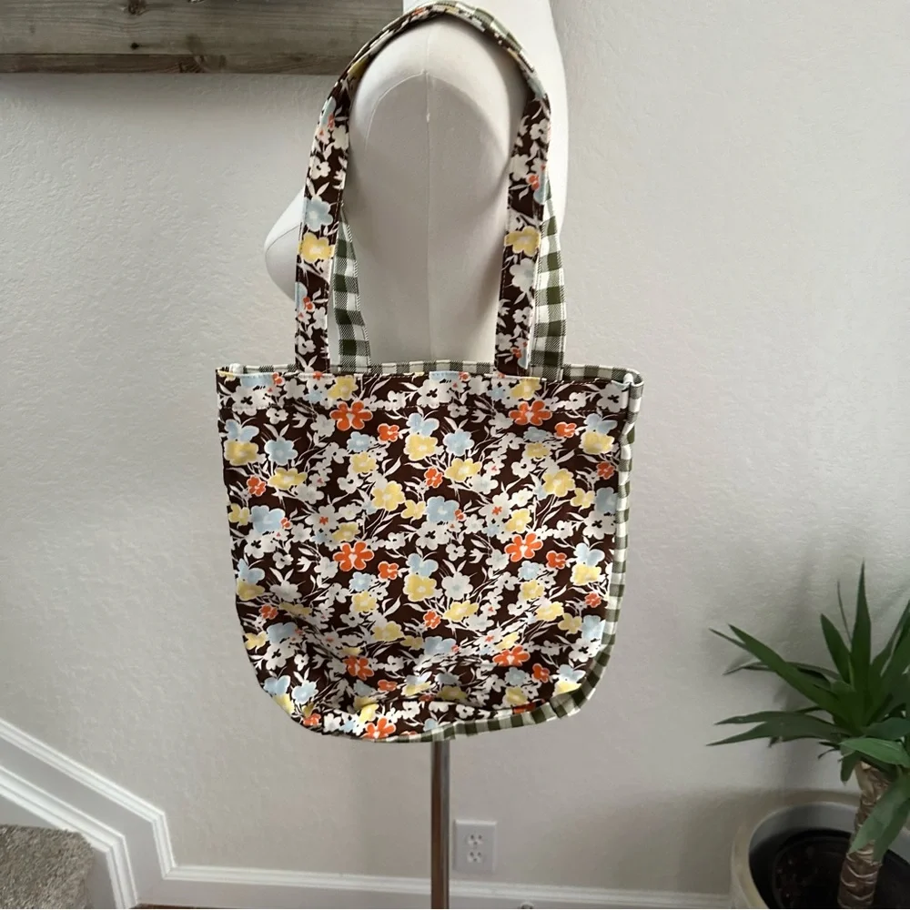 Tory Burch Reverie Floral Print & Green‎ Gingham Check Canvas Shopping Tote Bag